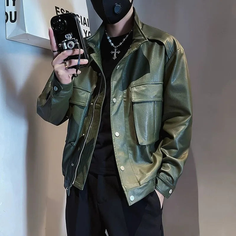 Korean style men's PU leather jacket in black or green with straight hem design and side pockets