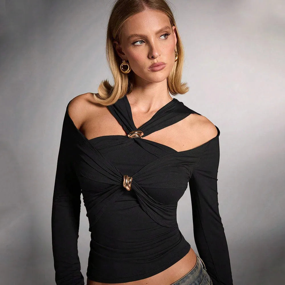 Black women's halter top with long sleeves and slim fit silhouette