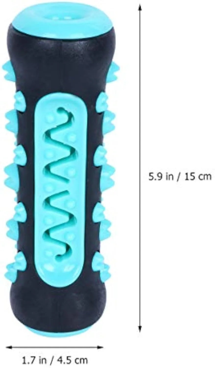 A natural rubber dog toothbrush chew toy in blue colour, showing its textured surface and stick shape.
