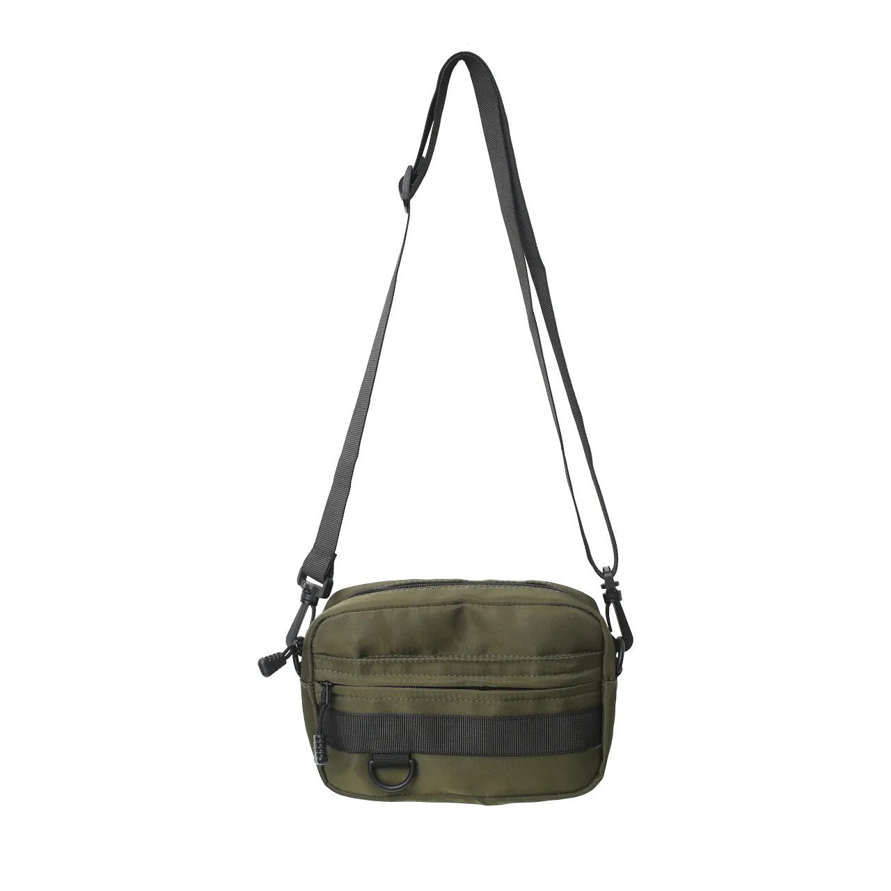 Men's solid colour nylon messenger bag with crossbody strap, shown in street style.