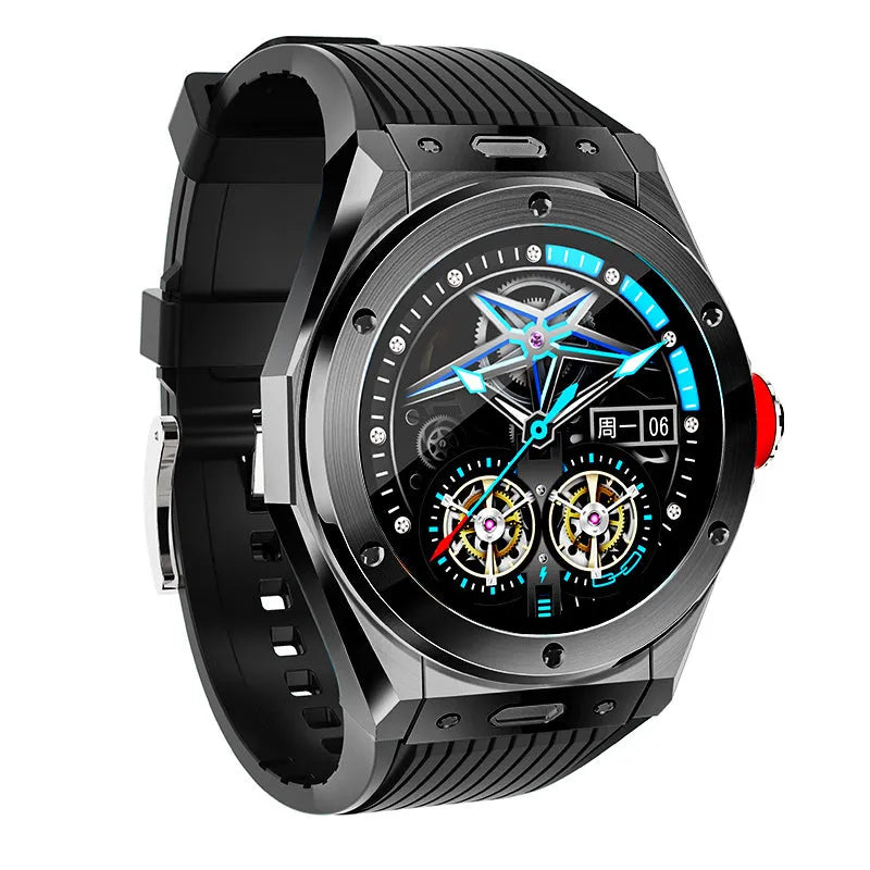 Black mv58 sports smart watch with Bluetooth calling on a silicone strap, showing health stats on its screen.