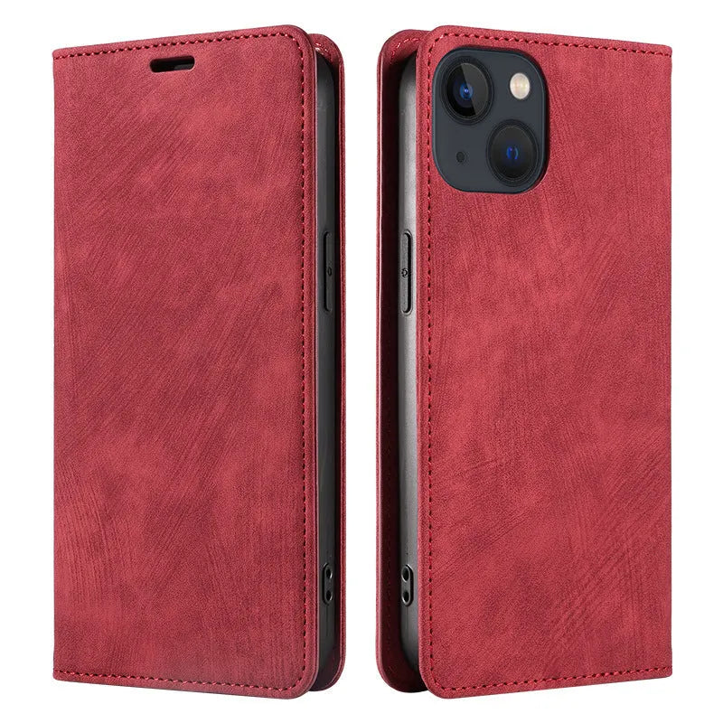 Magnetic flip phone case for iPhone in various colours showing TPU and leather construction