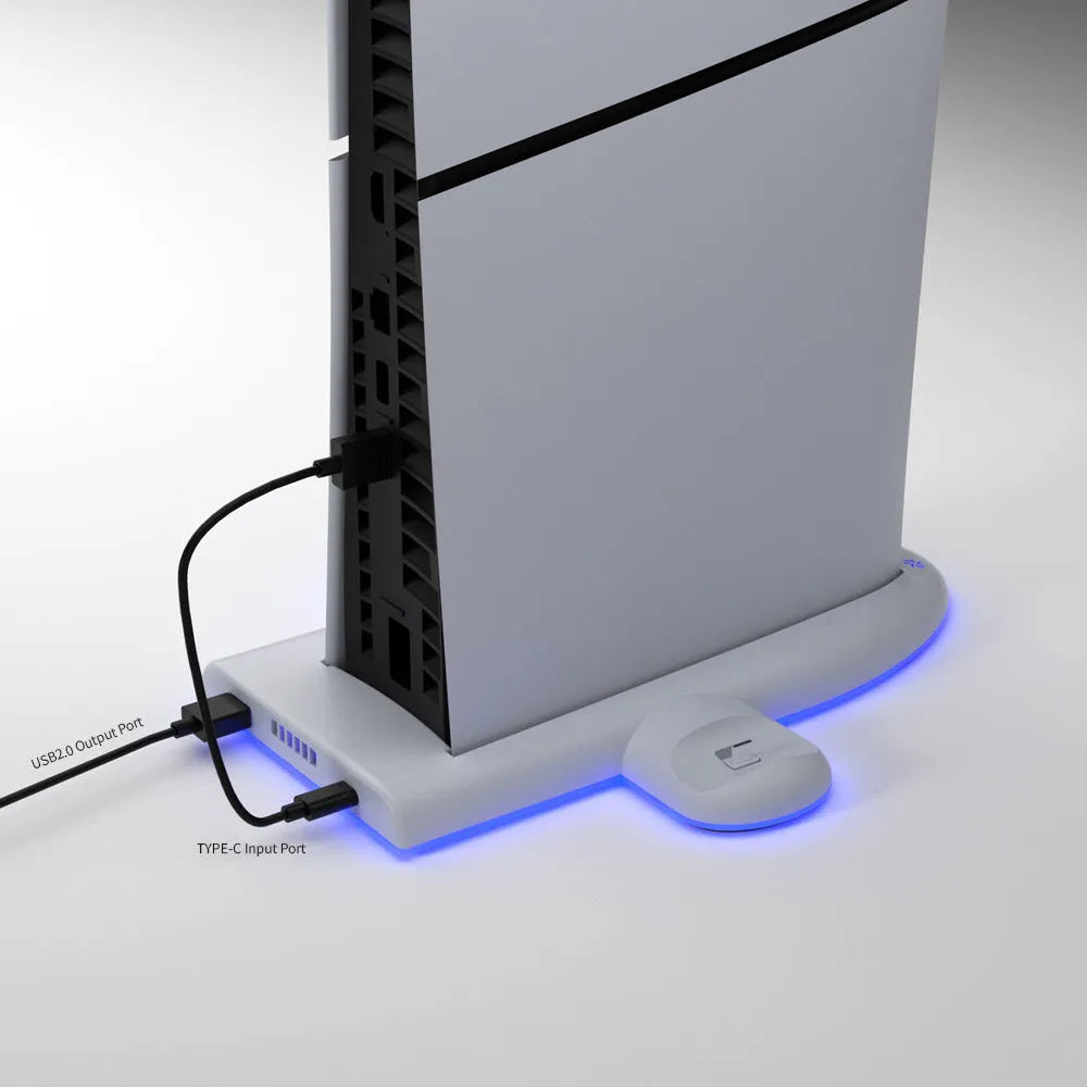 White PS5 Slim multifunction charging base with cooler fan and RGB ambient lighting.