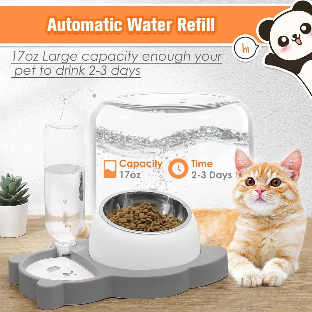 Grey elevated pet feeder with tilted stainless steel bowls and a panda-shaped automatic water bottle for cats and small dogs.