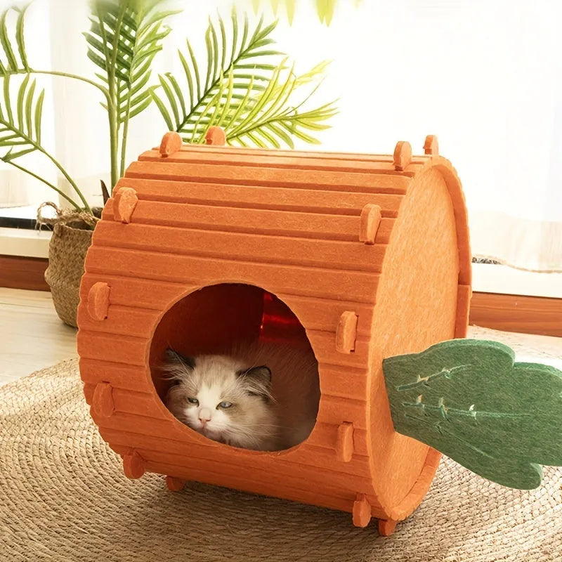 Grey needle-punched felt cat tunnel nest in a semi-enclosed cattery shape.
