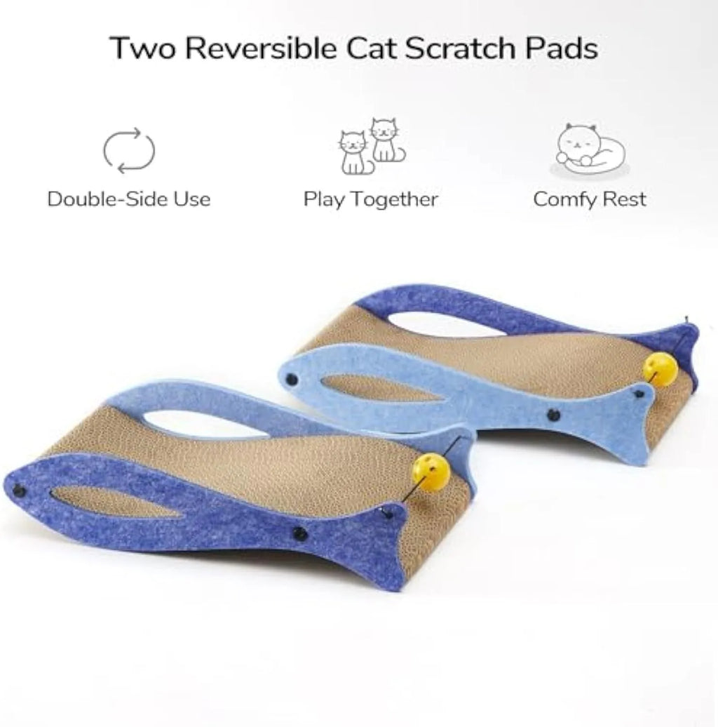 Blue fish-shaped cardboard cat scratcher lounger with a red bell ball toy on an elastic cord.