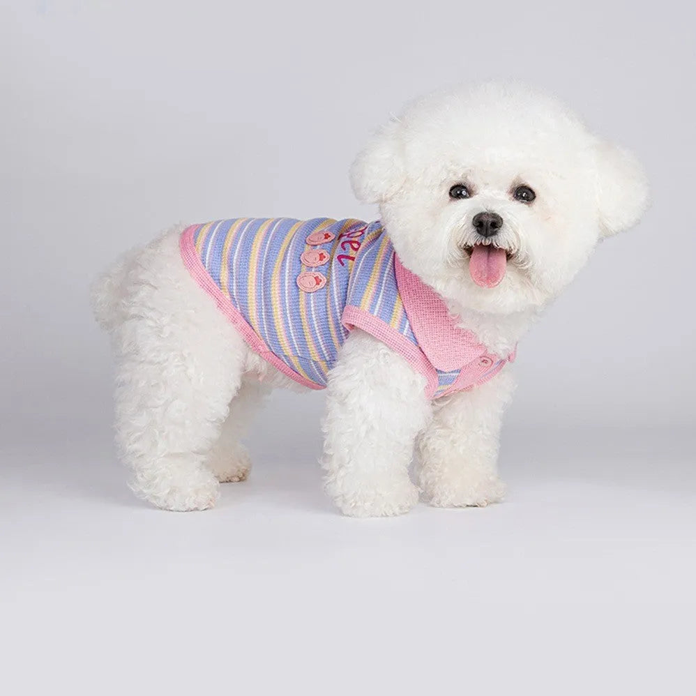 Pink purple autumn vest for a small dog or cat showing weight-based size tags from XXS to XXL.