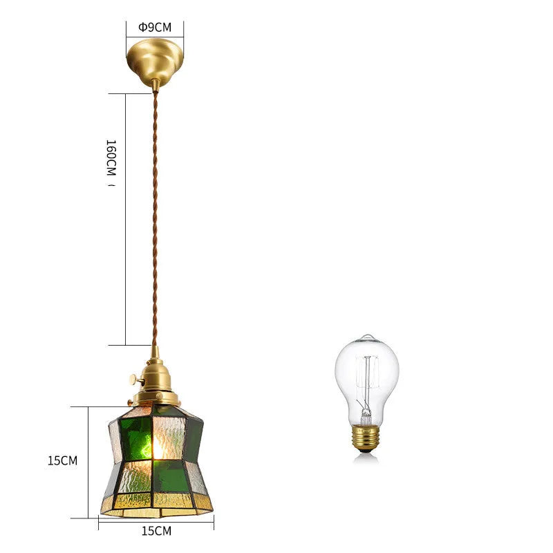 Japanese retro brass and glass chandelier with hand-blown shades, walnut wood accents, and hemp rope light line