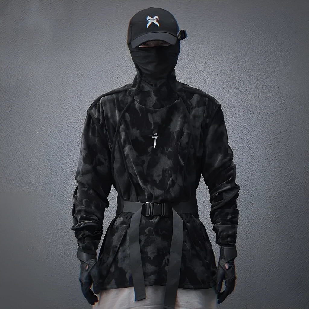 Men's black tie dye finger turtleneck sweater with full printed pattern and drop shoulder sleeves
