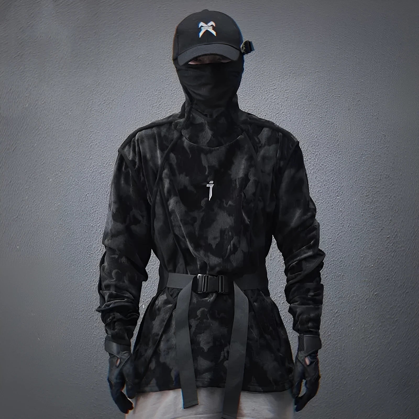 Men's black tie dye finger turtleneck sweater with full printed pattern and drop shoulder sleeves