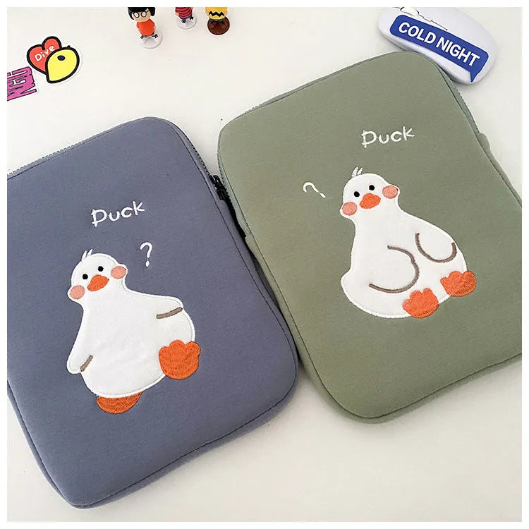 Cotton tablet case with embroidered cartoon duck design and zipper closure
