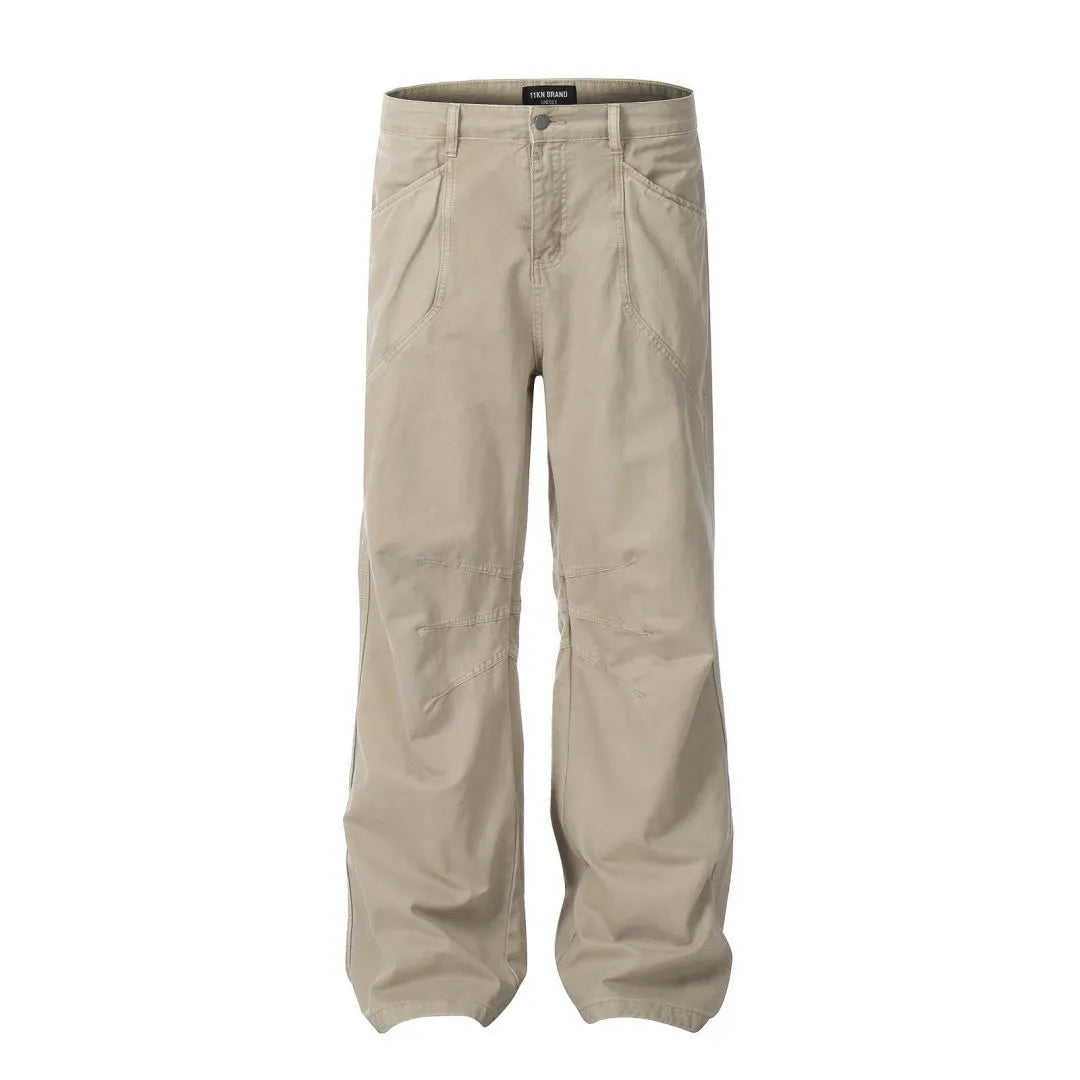 Men's brown straight-leg cotton trousers with high-waist design and zipper fly opening
