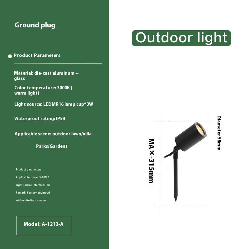 Aluminium outdoor ground lamp with LED light for garden or lawn.
