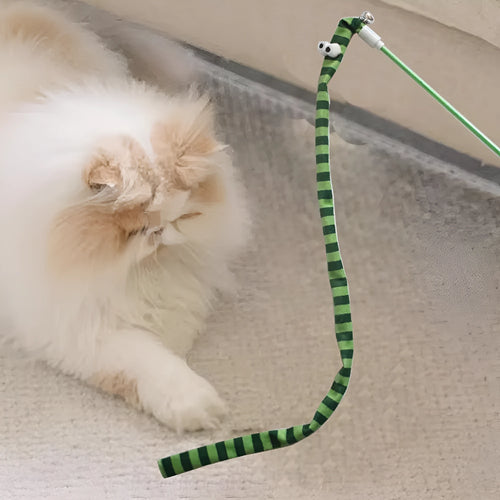 Colourful cat wand toy with polycarbonate handle and long plush strip for interactive feline play