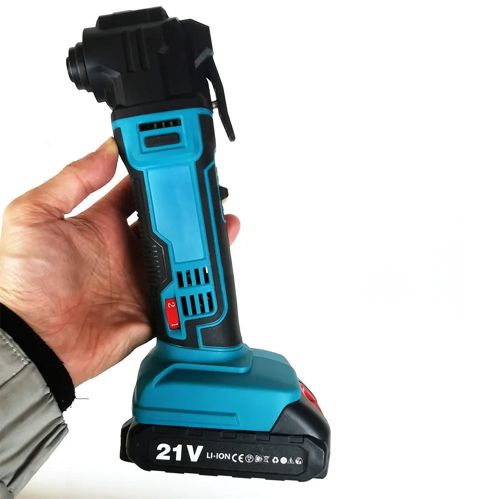 Rechargeable cordless lithium battery garden trimming machine with metal construction and plastic accessory box.
