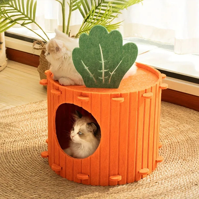 Grey needle-punched felt cat tunnel nest in a semi-enclosed cattery shape.
