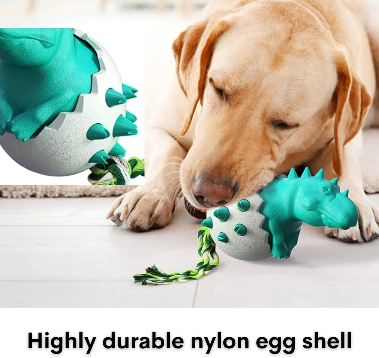 Blue durable rubber dinosaur dog chew toy with nylon rope for aggressive chewers