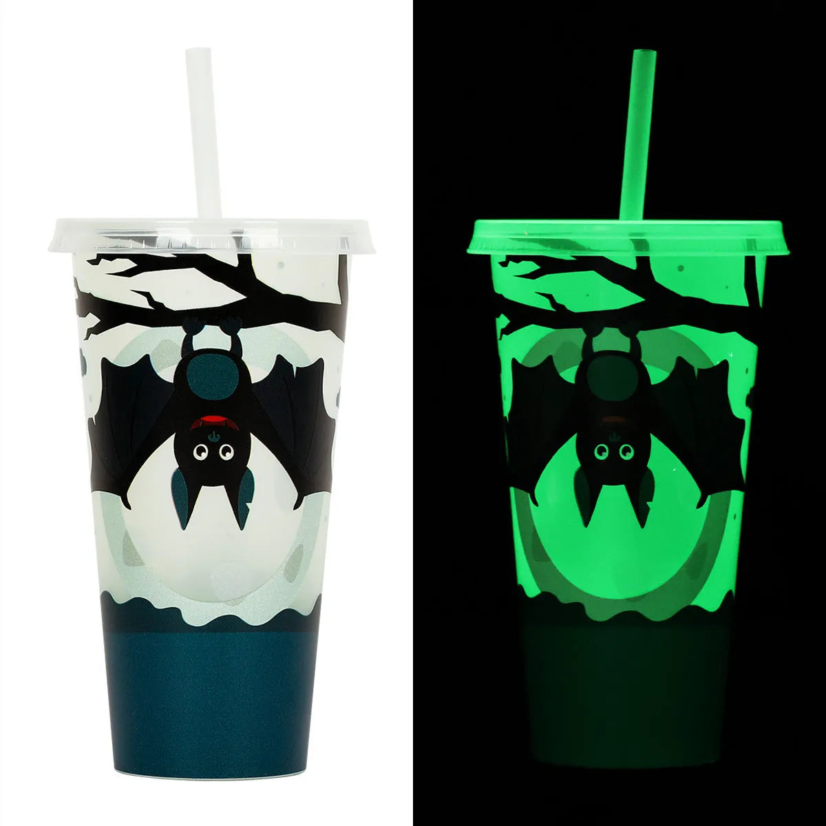 Halloween-themed plastic sippy cup with luminous straw showing six colour options