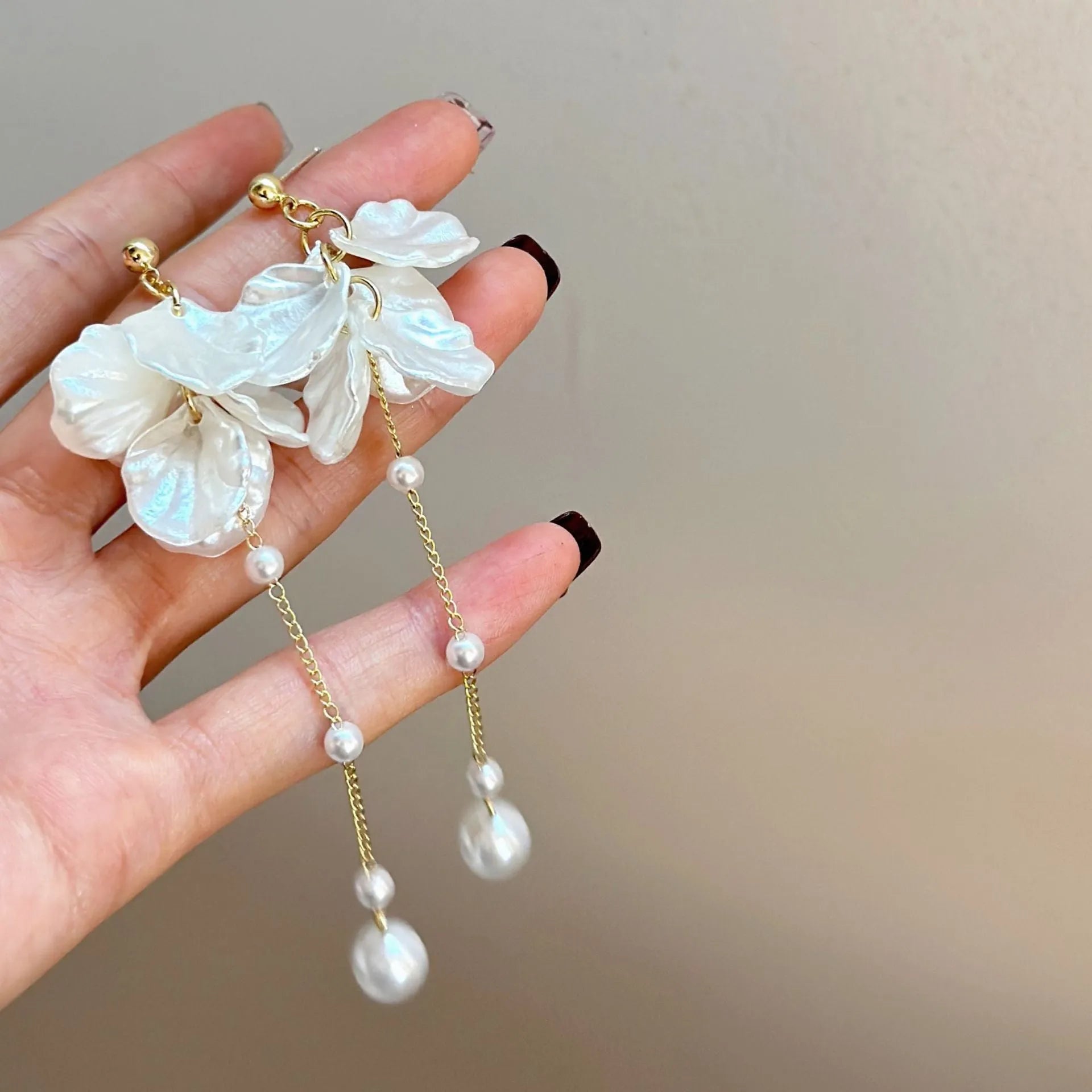 Women's acrylic shell pearl tassel earrings with choice of ear clip types