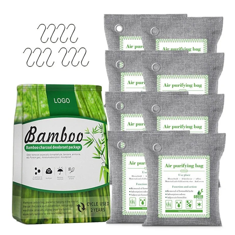 A sewing-style fabric bag filled with bamboo charcoal for formaldehyde removal and air freshening.