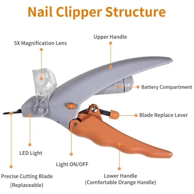 Yellow pet nail clippers with LED light and magnifying glass for dog and cat grooming