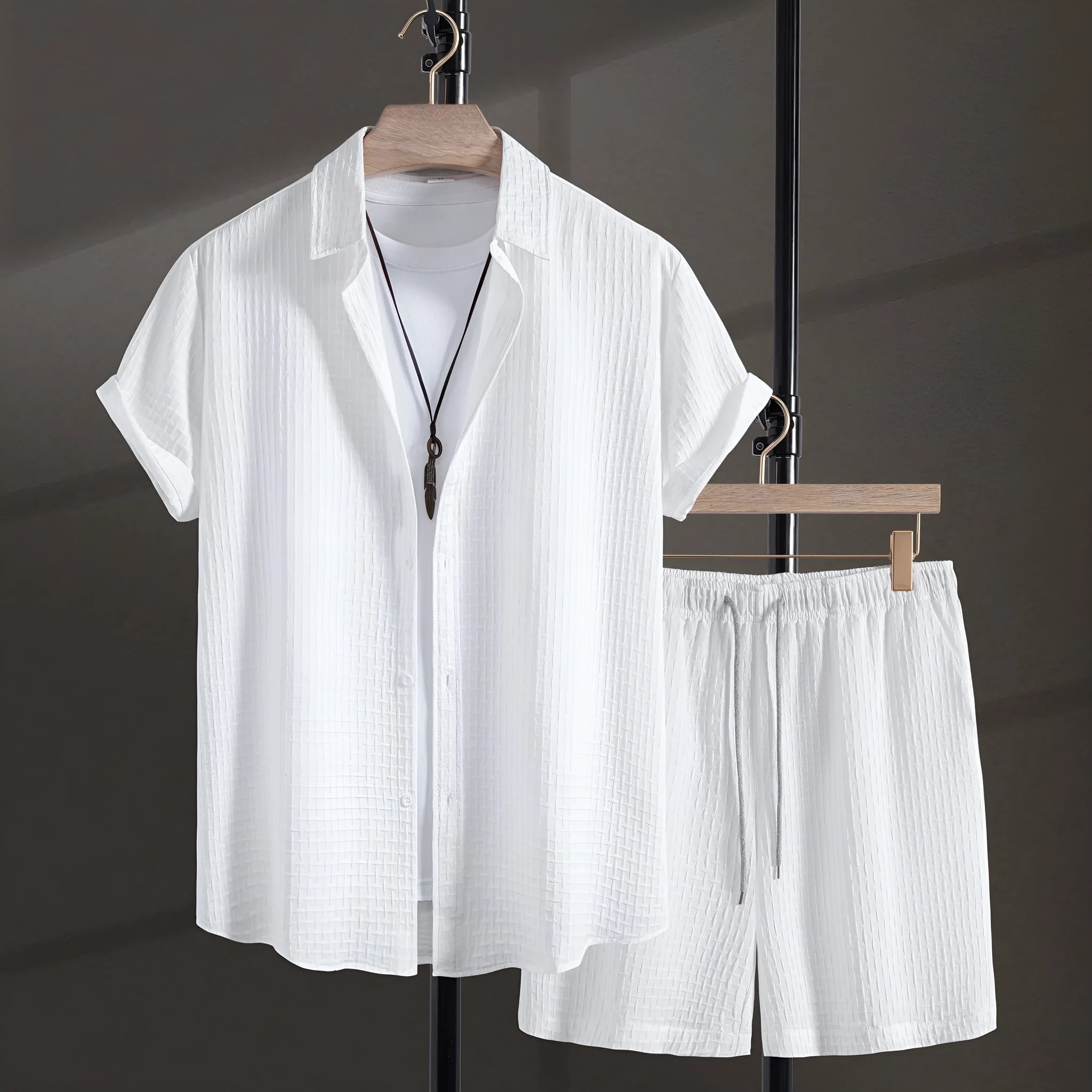 Men's black cotton blend beach shorts suit with short sleeve shirt and matching shorts
