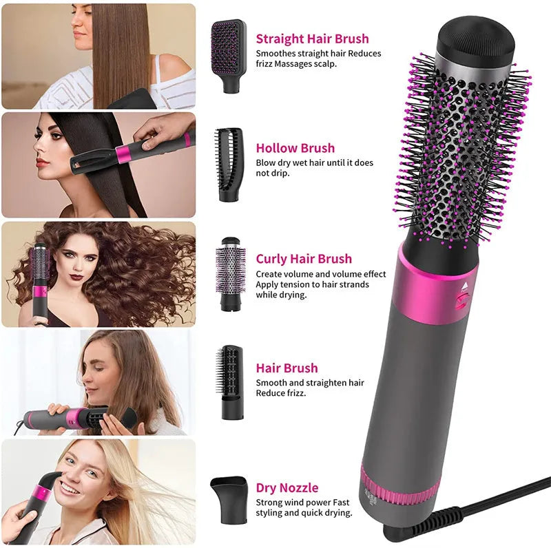 Dyson Grey coloured 5-in-1 hair dryer brush with multiple brush heads displayed beside the main unit.