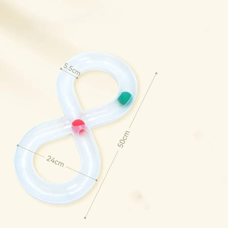 Blue interactive cat toy with turntable track ball system and teasing stick for self-play and owner interaction