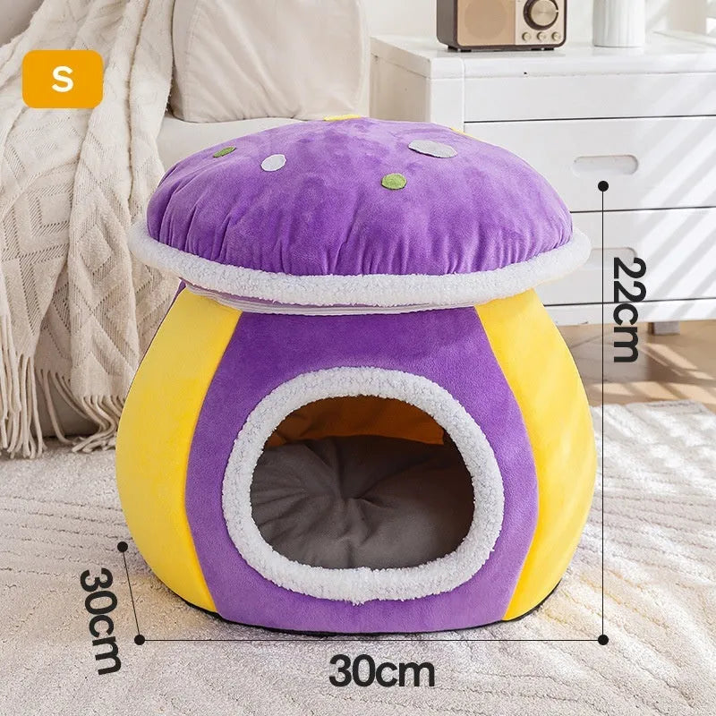 Grey mushroom-shaped hooded cat bed made of soft rabbit plush, shown with a cat inside.