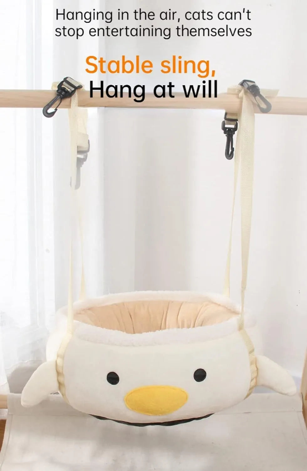 Green chick-shaped cat bed shown both flat and hanging as a hammock for small pets.