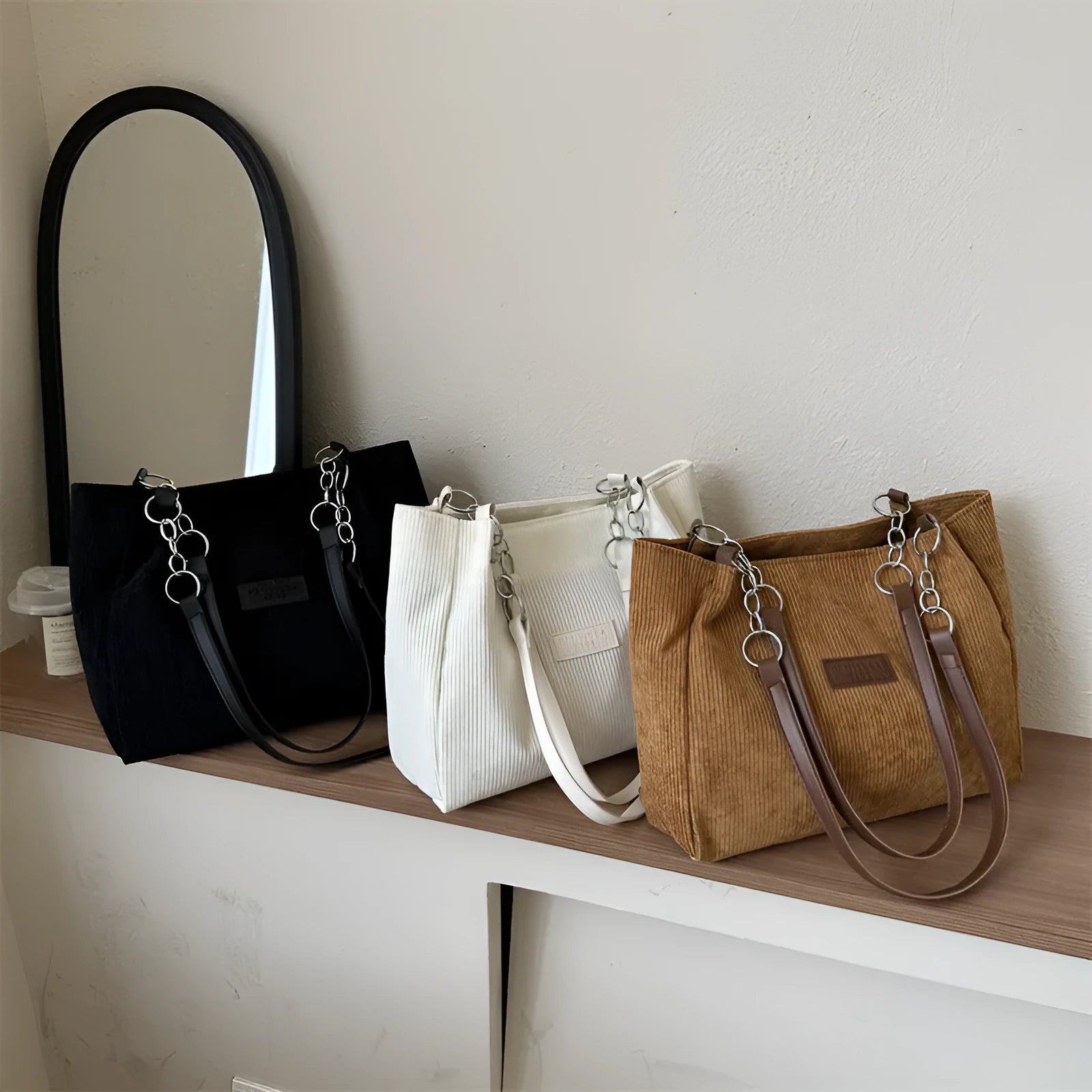 Corduroy one-shoulder tote handbag with large capacity and horizontal square design