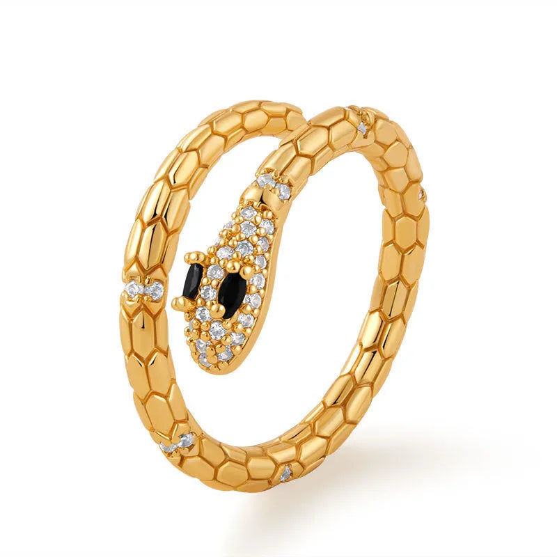 Adjustable copper snake ring with open mouth design and 18K gold colour retention