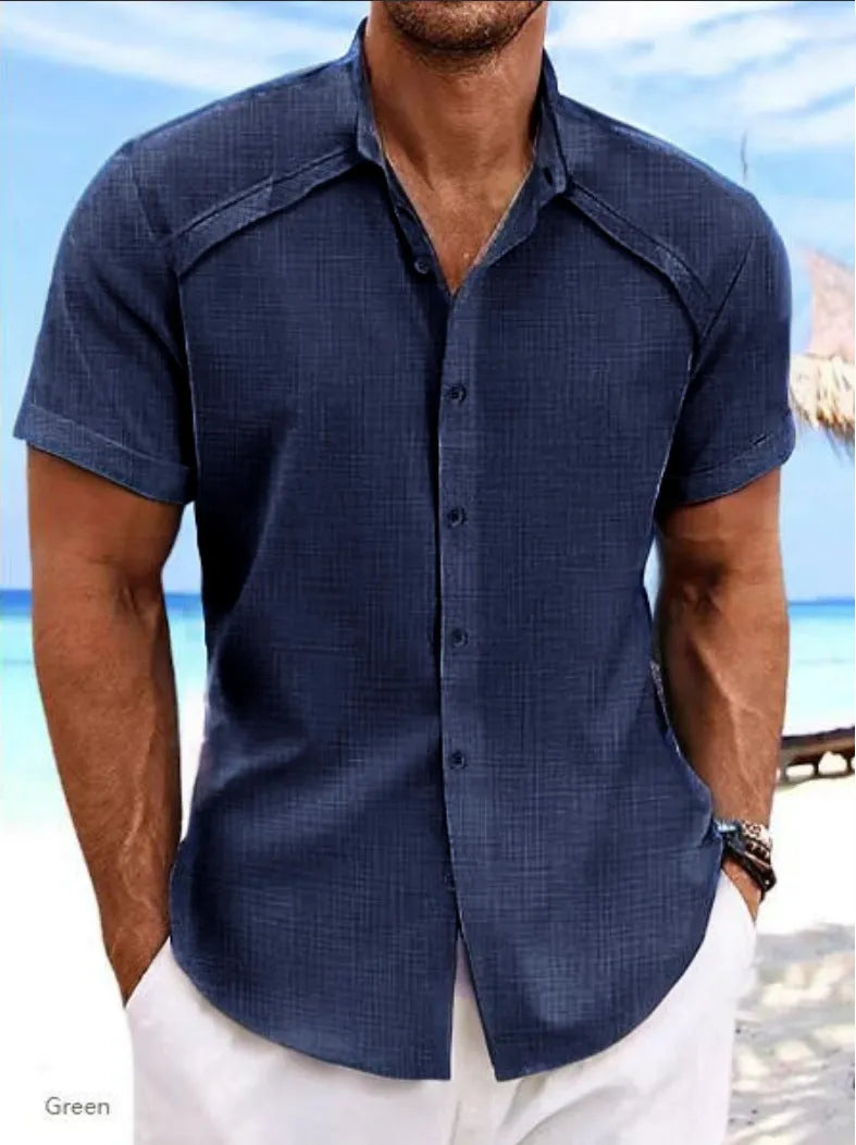Hawaiian casual short sleeve shirt in solid colour cotton blend fabric for summer wear