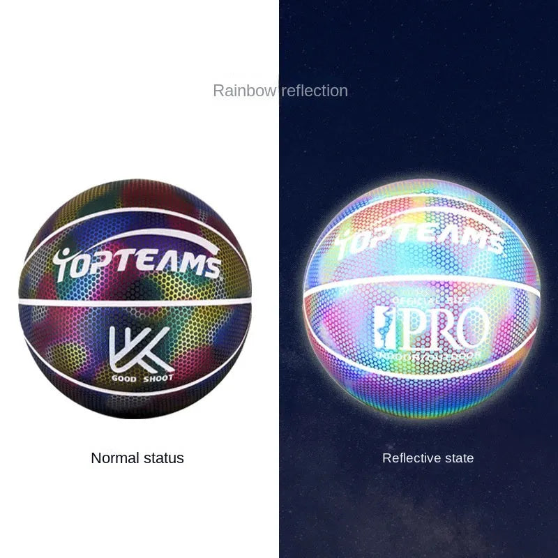 Chroma and white holographic luminous reflective No. 7 basketball made from wear-resistant PU.