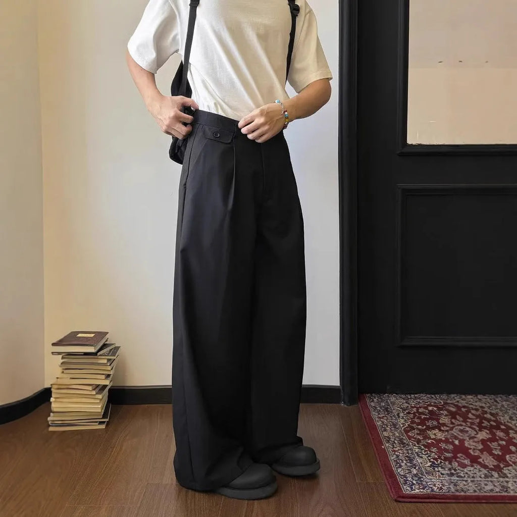 Men's brown straight-cut wide-leg casual suit trousers laid flat
