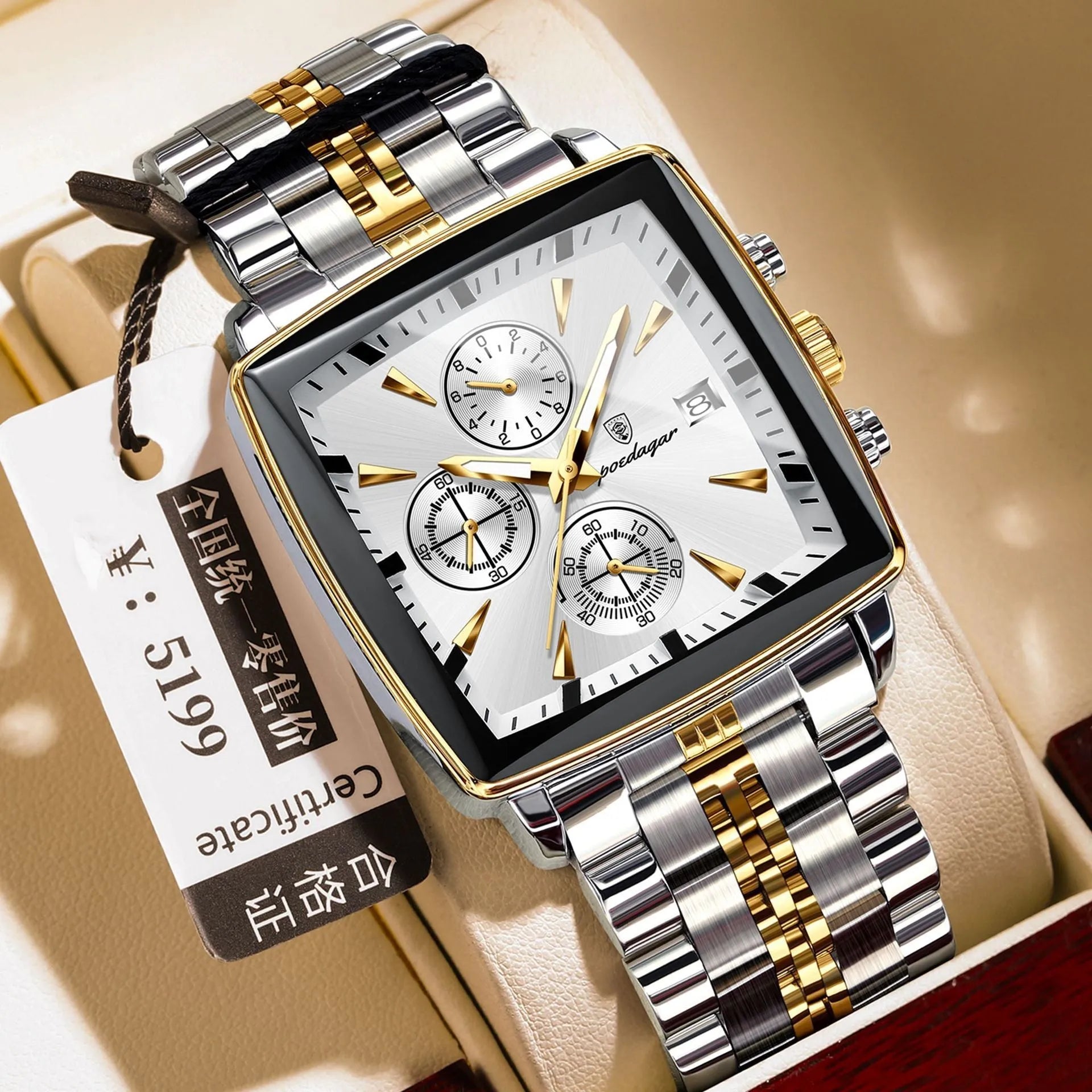 Square men's business watch with stainless steel strap showing gold case with blue dial colour option