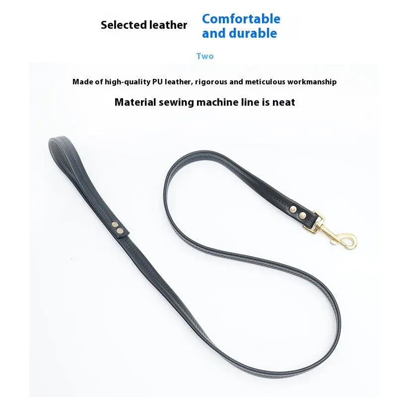 Black PU leather dog lead with quick-release clip shown at full length