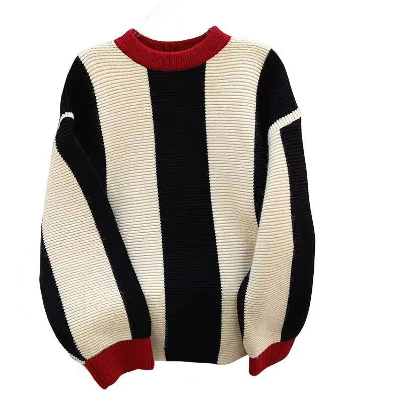 Women's striped cashmere sweater with contrast colours in Japanese Korean casual style