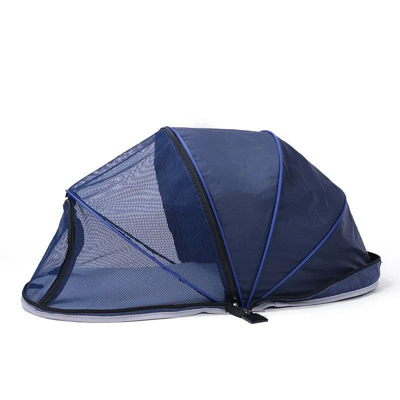 A portable folding cloth tent for cats with half-mesh side panels, shown in blue half-mesh specification.