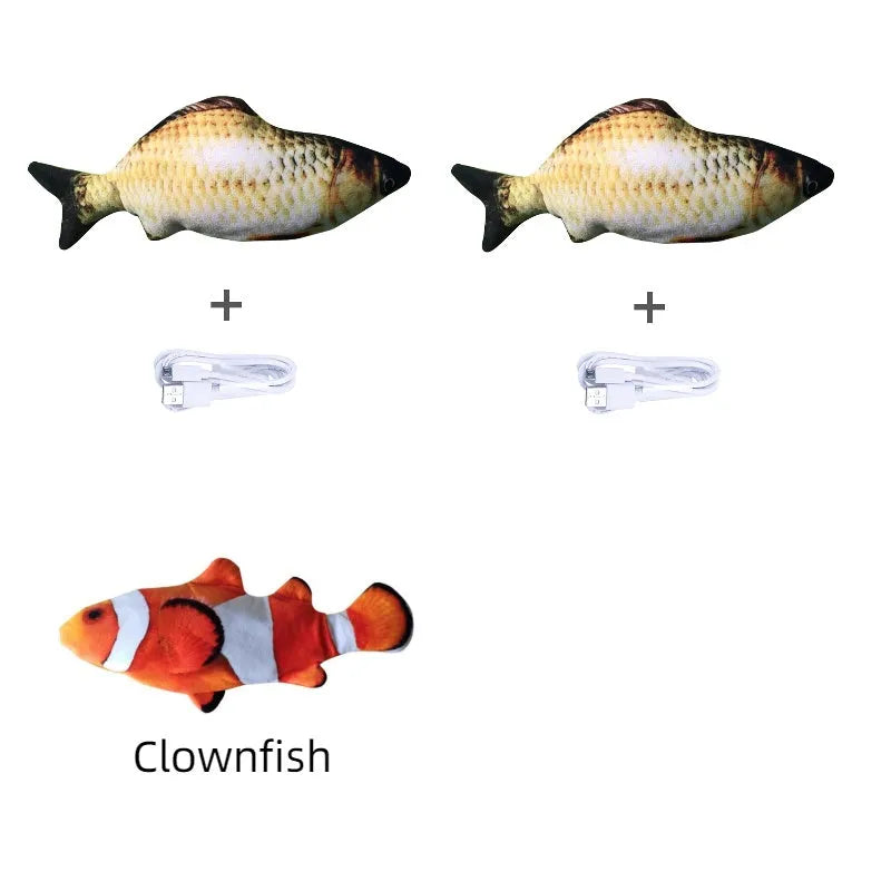 Electric jumping fish simulation cat toy showing multicolor options and USB charging cable.