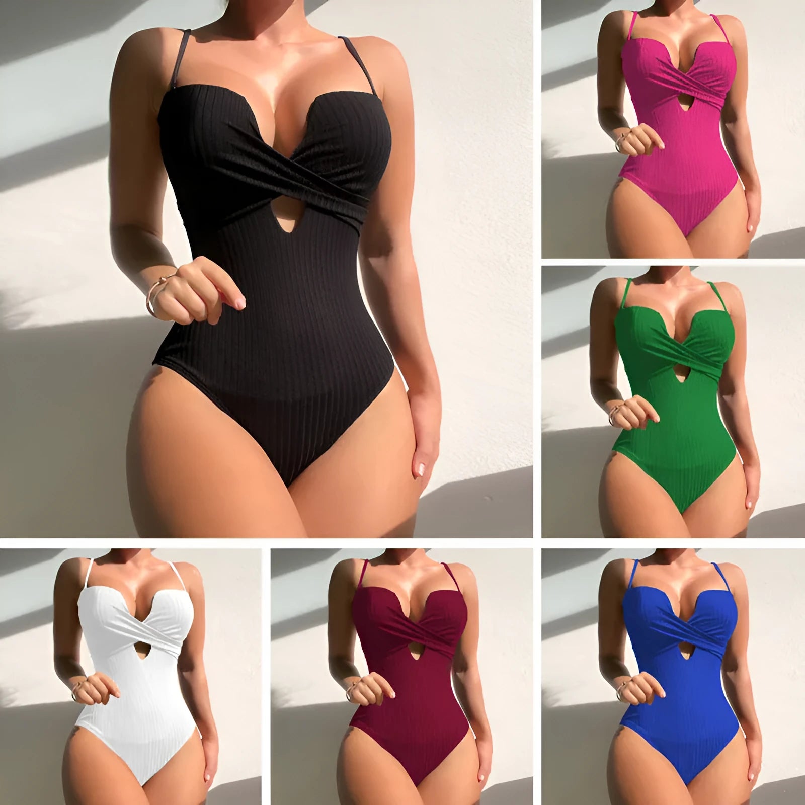 Women's solid colour one-piece swimsuit in white on a mannequin, showing the slimming silhouette.