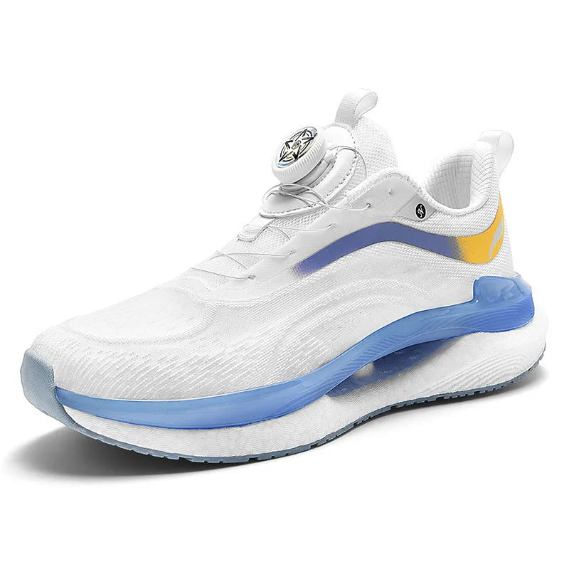Men's high-top breathable running sneaker in mesh with buckle closure and composite sole.