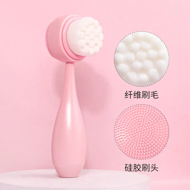 Keep dry facial brush set with plastic handle, coral fleece hair band, and stack of purple and pink face wash sponge suits.