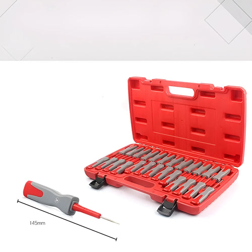 25-piece car terminal removal tool kit in a blue plastic storage organiser with colour-coded handles.