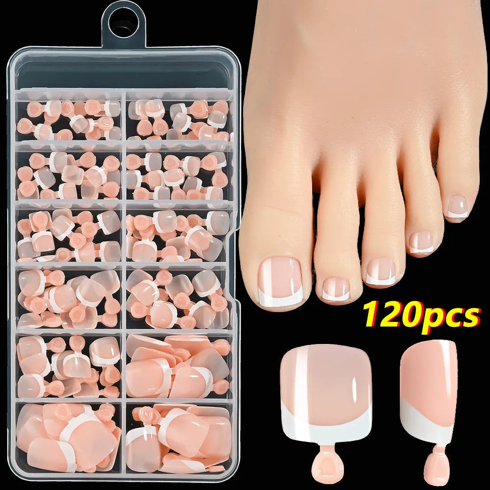 French white edge feet nude full square short artificial nail pieces 120pc boxed set showing multiple nude colour shades