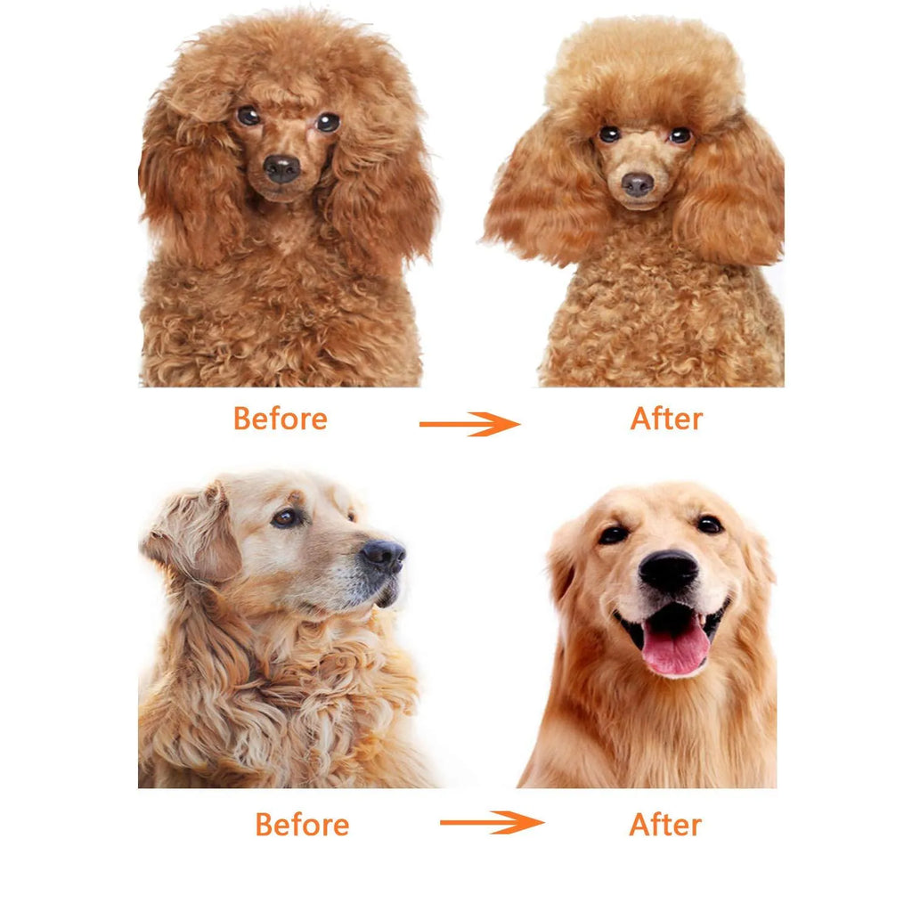 Red pet grooming comb with stainless steel long and short teeth on a plastic handle for dematting dogs and cats.