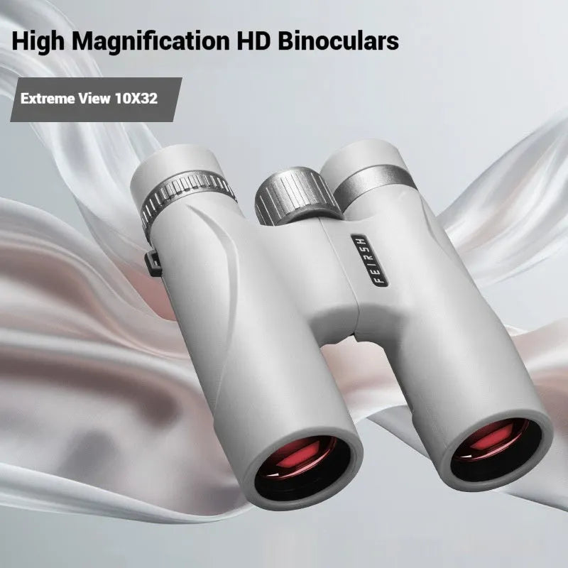 Blue and grey 10x32 binoculars with wine red film lenses on a dark background.