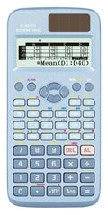 Scientific calculator with natural display in black, blue, or pink options for complex statistics