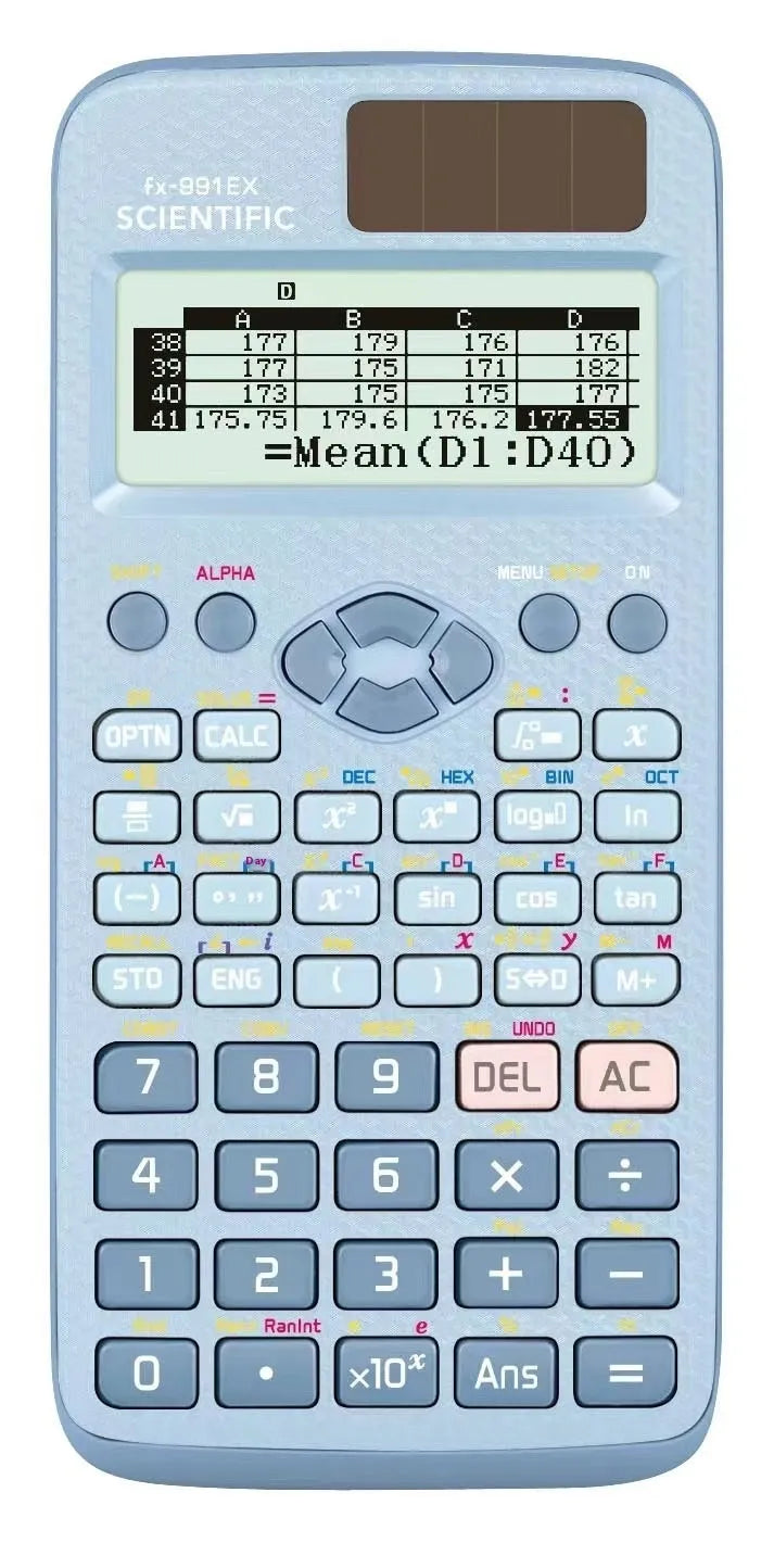 Scientific calculator with natural display in black, blue, or pink options for complex statistics