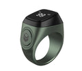 Zikr1 smart ring showing OLED display with time and count, metal body, on a finger.